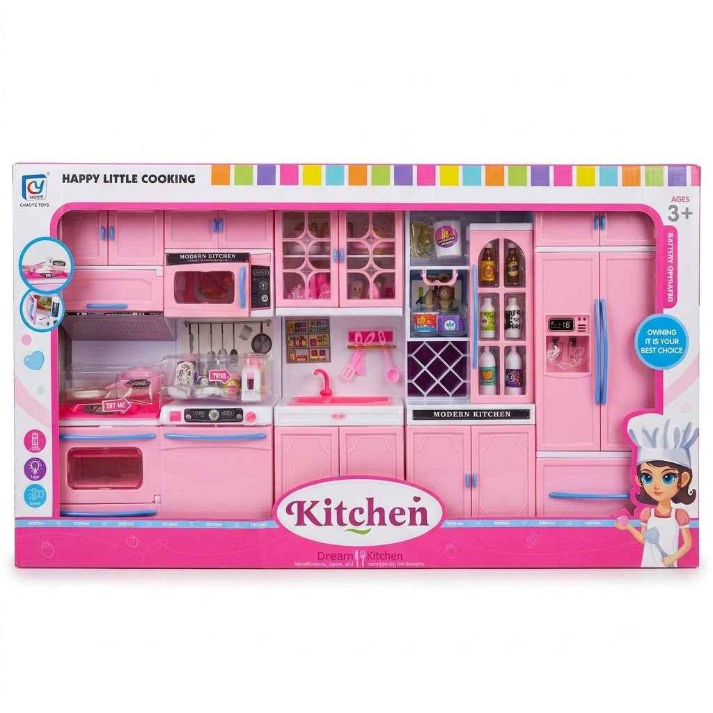 5-Station Pretend Play Kitchen Set — Cooking Range, Oven, Refrigerator, Sink & Storage with Lights, Sound, Cookware & Accessories, Folds into a Carry Case for Kids 3+